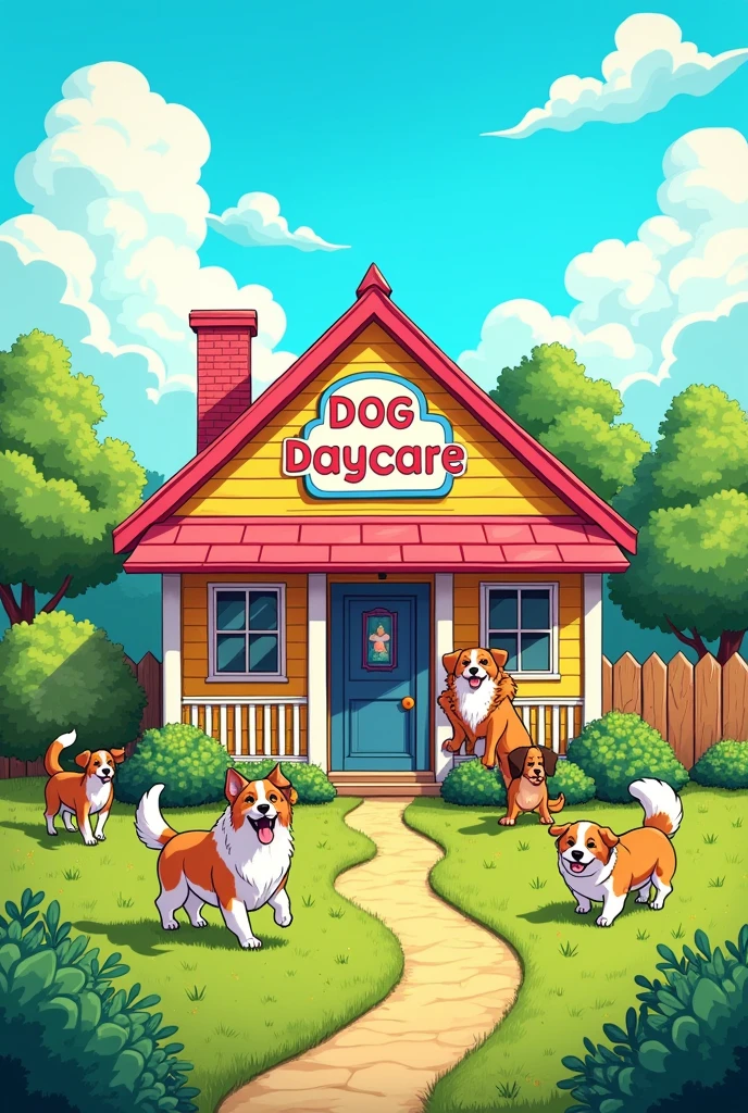 Comic stil, house, Sign on the "dog daycare" stands, many happy dogs, Cheerful, warm, Attractive, garden, grass, Green