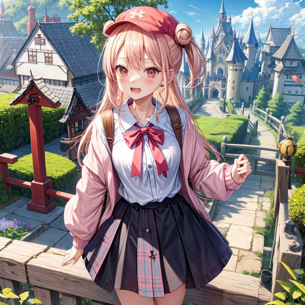 Pink Blonde、Red eyes、Hair tied up、Two cute、Checked mini skirt、black t-shirts、cardigan、Knee-high socks、bear ears baseball cap、Teeth are visible、Monster Castle、Tilting face、crossing the bridge、hazakura、windmill、grass、Stones are growing out of the ground.、impregnable、A teddy bear is walking、Morning glory is blooming.、city gate