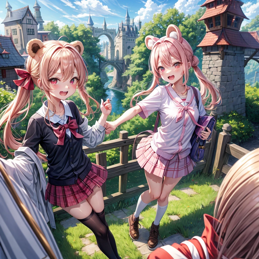 Pink Blonde、Red eyes、Hair tied up、Two cute、Checked mini skirt、black t-shirts、cardigan、Knee-high socks、bear ears baseball cap、Teeth are visible、Monster Castle、Tilting face、crossing the bridge、hazakura、windmill、grass、Stones are growing out of the ground.、impregnable、A teddy bear is walking、Morning glory is blooming.、city gate