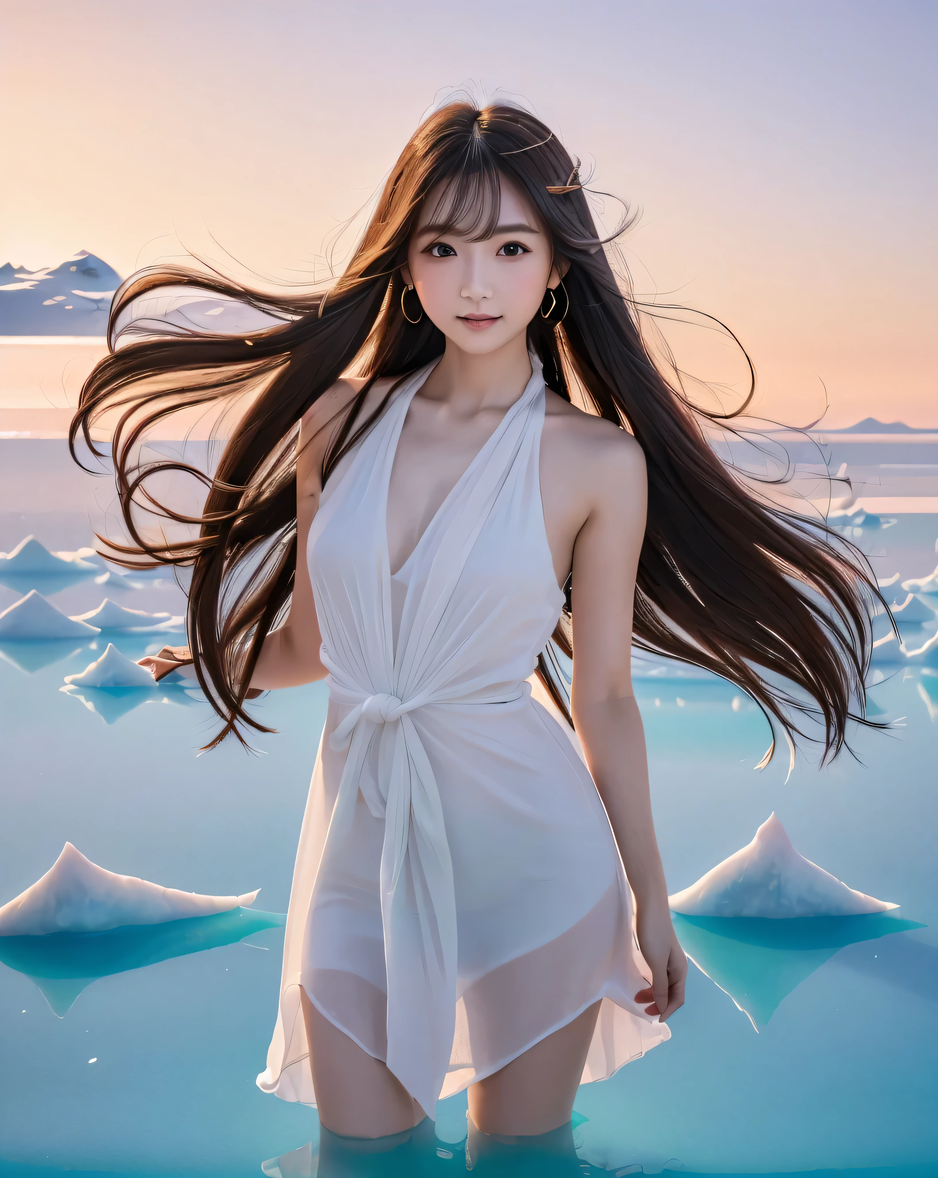 (best quality, 32K, high resolution, masterpiece:1.5), Marimo_jet, father々Photos with dazzling brilliance and healing power., Emotes, Possess a rich imagination, beautiful japanese girls, an exceptionally beautiful face, small face beauty, , Perfect human anatomy, Magic Big Eyes, Motherhood and generosity, Deep love, Fleeting smile, shiny black hair, Beautiful long hair swaying in the wind, asymmetrical bangs, hair between eyes, transparent, soft white skin, sharp eyebrows, thin eyelashes, natural makeup, Blush highlighter, Pale pink detailed lips, (red dress:1.3), ((high resolutionの美しい太もも)), ((Distant horizon:1.5)), ((Salar de Uyuni stretches to the horizon.:1.3)), ((The earth reflects the sky like a mirror:1.3)), beautiful detailed blue sky, professional photographer, professional lighting, professional model