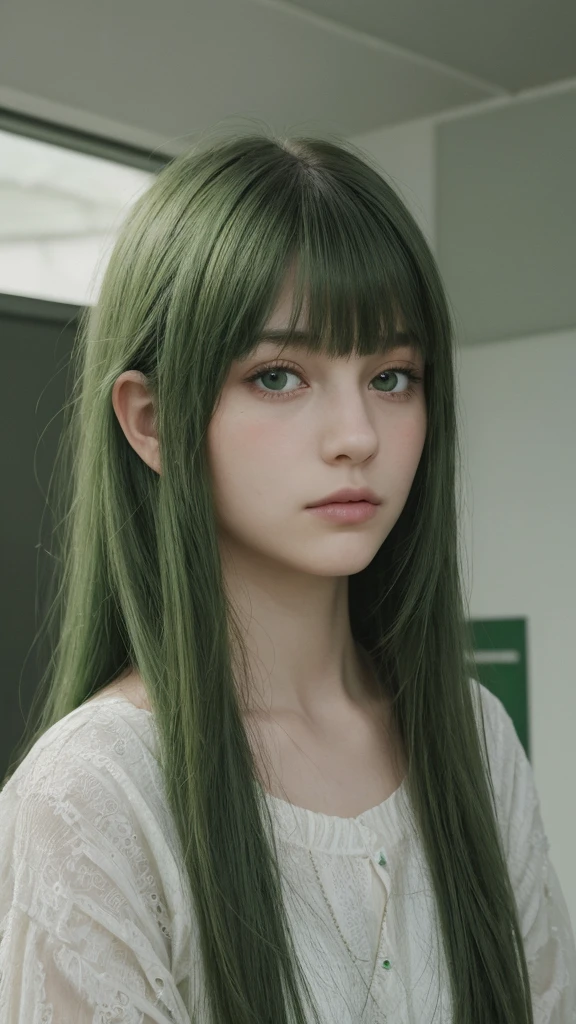 a girl. European. Extremely detailed face. Oval face. Delicate facial features. Half-closed eyes. Long straight hair. Messy hair. Bangs. Green hair. Green eyes. lewd expression. sad mood