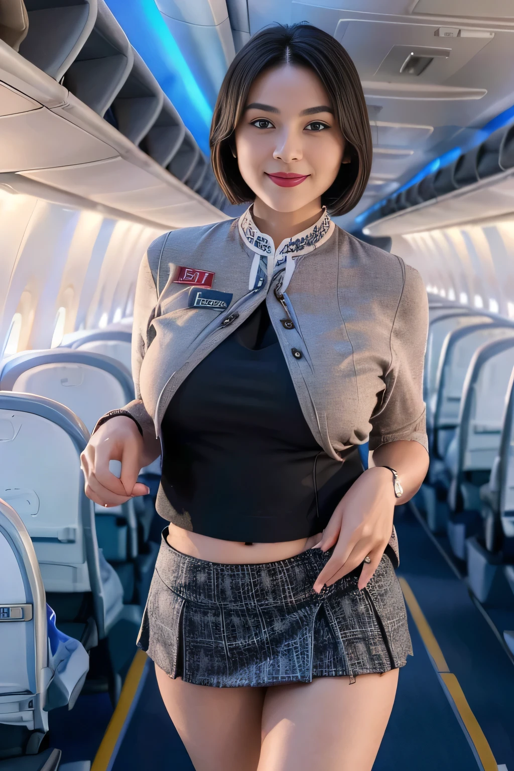 1beautiful womanl, 28years、hyperdetailed face、Detailed lips、A detailed eye、double eyelid、(Black bob hair、Smiling while walking gracefully down the aisle)、(Stewardess uniform:1.2)、((mini skirt:1.5)) (Glamorous body)、(Colossal tits)、（large full breasts）（big butts）（Plump body）（plump body shape）（ large full breasts）（Colossal tits）((J-Cup))、highs thighs thighs thighs, Perfect fit, Perfect image realism, Background with: (Business Class aisle on airplanes:1.2), Cowboy Shot, Meticulous background, detailed costume, Perfect litthing、Hyper-Realism、(Photorealsitic:1.4)、8K maximum resolution, (​masterpiece), ighly detailed, Professional