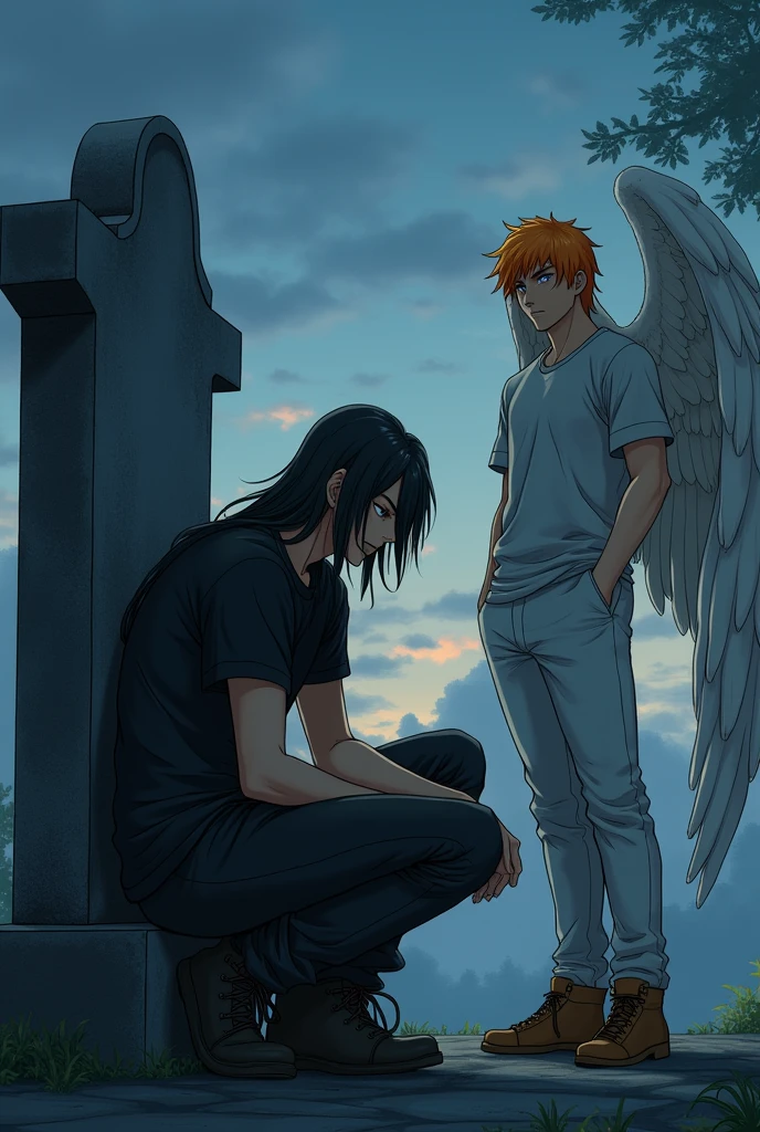 1 character: A guy with long black hair, gray eyes, Beautiful face, Beautiful skinny body, black T-shirt, black trousers, black boots,sad, sitting in a graveyard in front of a headstone. 2 characters are a guy: blond, Beautiful, Pumped up body, in a gray shirt and white pants, black boots, with large angel wings and brown eyes. 3 characters: guy with orange hair, in a white T-shirt and dark gray pants, Brown boots, Blue eyes, Large angel wings. anime art, masterpiece, realistically, super detail, Hand detailing,
