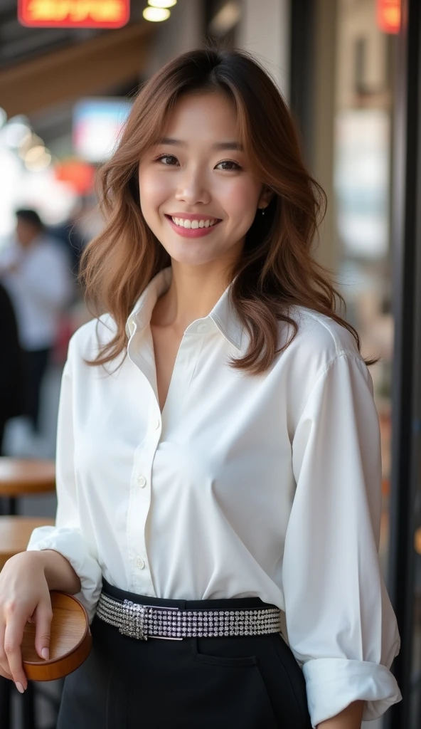 Tabletop、Highest quality、Genuine、Very detailed、finely、High resolution、8k wallpaper、One beautiful woman、light brown disheveled hair、Sharp focus、Perfect dynamic composition、Beautiful and detailed、Thinning hair、詳細なGenuineな肌の質感、smile、Close-up portrait、Model body type、smile、29-year-old Japanese woman、A long-sleeved white button-down shirt、Black Skirt、Silver glitter rhinestone belt、necklace,White Tote Bag,Chest-length straight long hair, Center of chest, Natural color lip, Random sexy poses,In front of a cafe near Tokyo Station,Front image、The whole body is shown from head to toe,Anatomically correct body