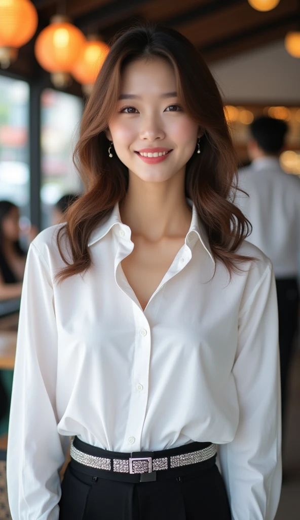 Tabletop、Highest quality、Genuine、Very detailed、finely、High resolution、8k wallpaper、One beautiful woman、light brown disheveled hair、Sharp focus、Perfect dynamic composition、Beautiful and detailed、Thinning hair、詳細なGenuineな肌の質感、smile、Close-up portrait、Model body type、smile、29-year-old Japanese woman、A long-sleeved white button-down shirt、Black Skirt、Silver glitter rhinestone belt、necklace,White Tote Bag,Chest-length straight long hair, Center of chest, Natural color lip, Random sexy poses,In front of a cafe near Tokyo Station,Front image、The whole body is shown from head to toe,Anatomically correct body