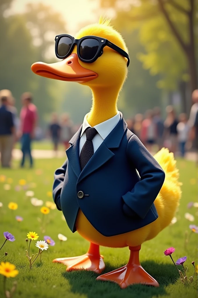 A duck standing. Wearing suit and sunglass