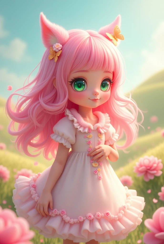 Create a female character with pink hair and green eyes for a cute and delicate game