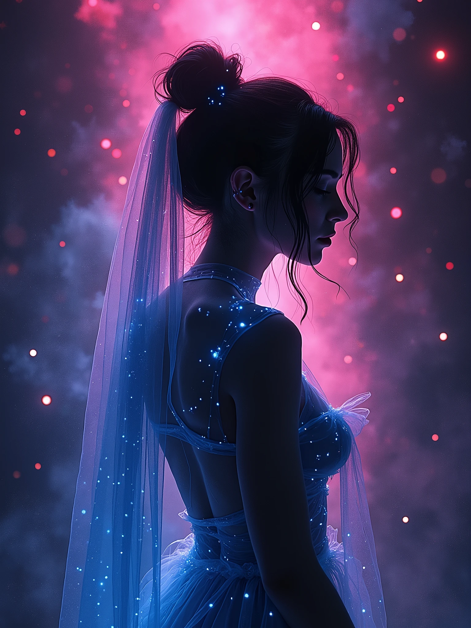 Ultra detailed illustration of the dark silhouette of a woman, phantasmagorical figure, (((translucent skin:1.5))), (((translucent body:1.5))), art by Mschiffer, neon lights, light particles, colorful, cmyk colors, strong backlit, back lights