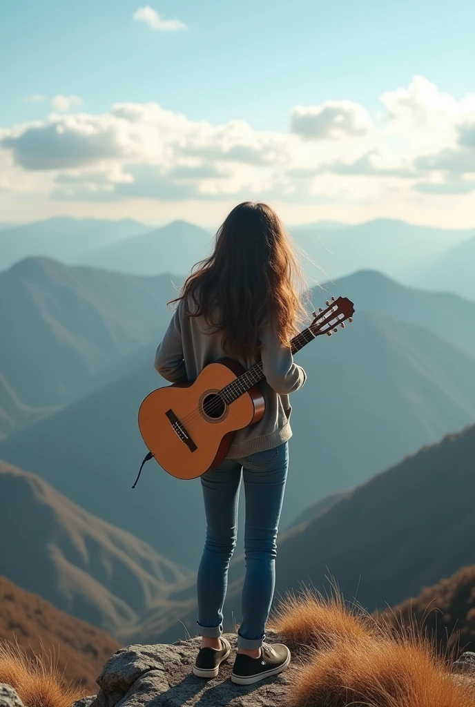 Best quality,24 year old beautiful korean woman, pretty face, rambut panjang, wearing a hoodie, celana jins panjang.and play folk guitar. standing on the top of the mountain.
INFORMATION