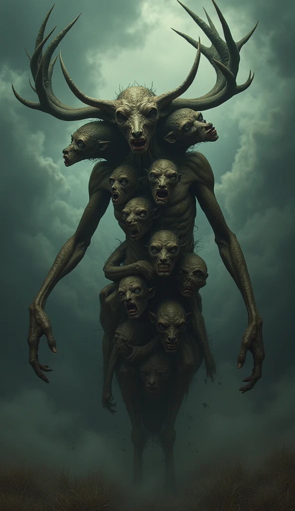 Best image quality, masterpiece, multiple human heads on one deer body, scared expression, detailed skin expression, detailed image texture, cruel, grotesque, horror, gloomy atmosphere, (not ai image), cloudy weather