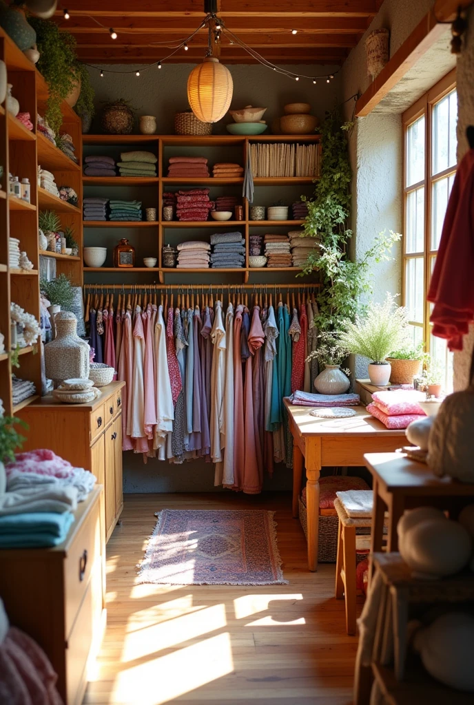 A small artisanal clothing store with storage and display spaces