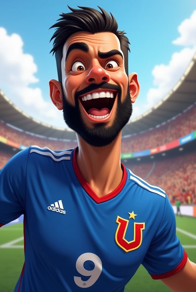 37 year old man, brown skin, trimmed black beard, short black hair, Brown eyes, average physique, blue soccer jersey, with a large red U and white border on the top left of the shirt, small gold star above the U, Adidas logo in white on the upper right side of the jersey, shouting goal, caricature style, Love