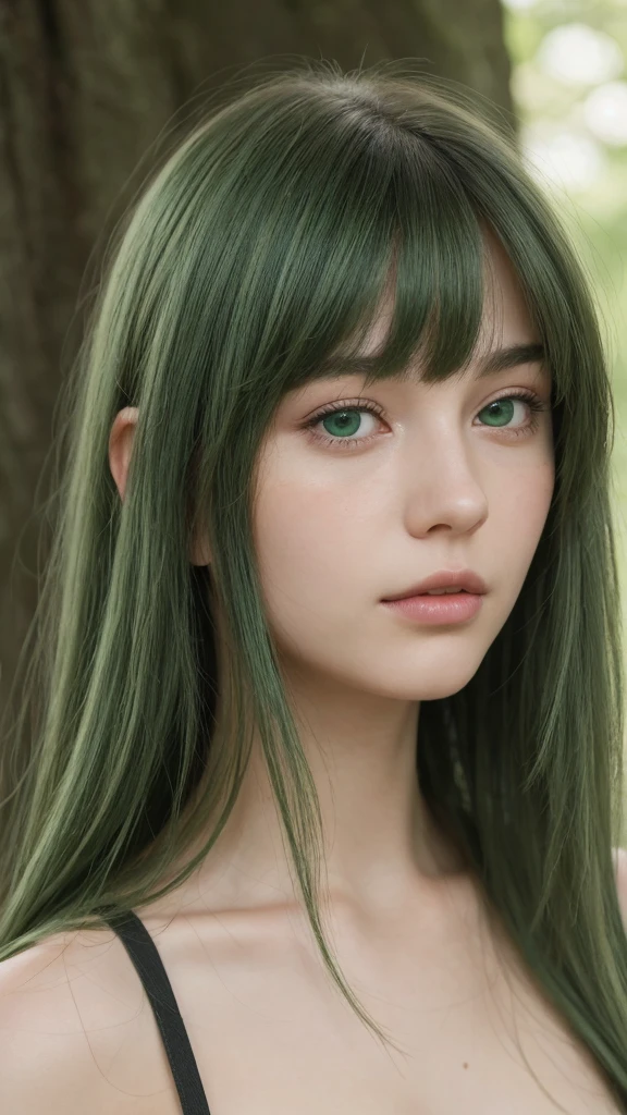 a girl. European. Extremely detailed face. Oval face. Delicate facial features. Half-closed eyes. Long straight hair. Messy hair. Bangs. Green hair. Green eyes. lewd expression