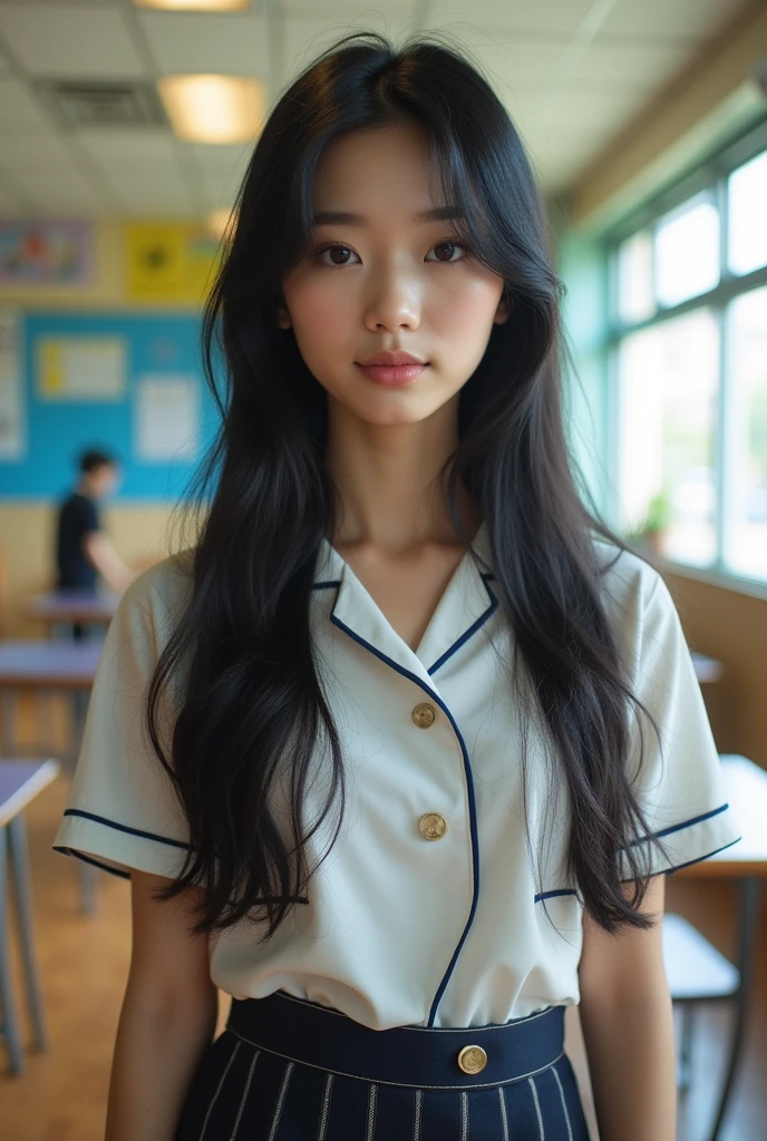 (masterpiece,Highest quality:1.4),(8k,RAW Photos,Photorealistic:1.4),Ultra-high resolution, ,(Glowing Skin:1.4),Detailed skin,Detailed face,Detailed eyes,(Beautiful and shining eyes:1.2),Symmetrical eyes,Detailed ears,One person,Natural Makeup,high school girls,(((Japanese Idols))),(Japanese Face),Detailed Background,Vivid background,Beautiful and shiny hair,,((Average teenage breasts)),,(Detailed Summer school uniforms for senior high school girls Japan),,((Sharp Face)),Natural light,,(Very detailed ,Trend design for 2024,online shopping,LUMINE® Market,),Trendy hairstyles,black_hair,long_hair,Upper Body,,(Detailed classroom of a girls' high school,,Location was great.),,Real-life schoolgirl、、Random Posing