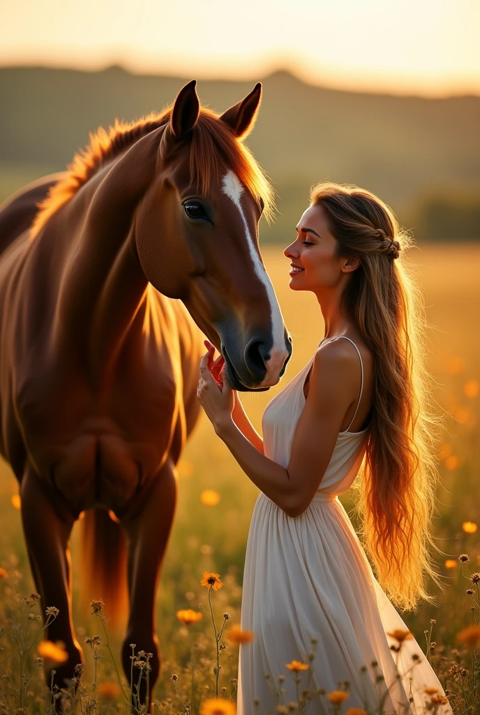 A naked beautiful girl touching a horse 