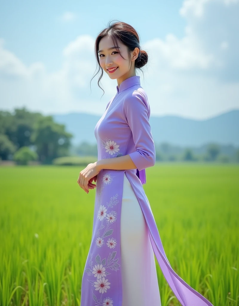 "Create an image of an 18-year-old Asian girl wearing a Vietnamese áo dài. She has a cute and smiling face. The image is full-body, slightly revealing, youthful, and looks realistic."