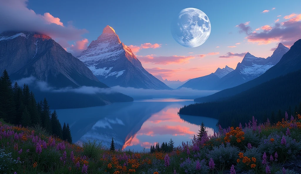 A super blue colour moon in behind the mountain sky on earth and beautiful colours full