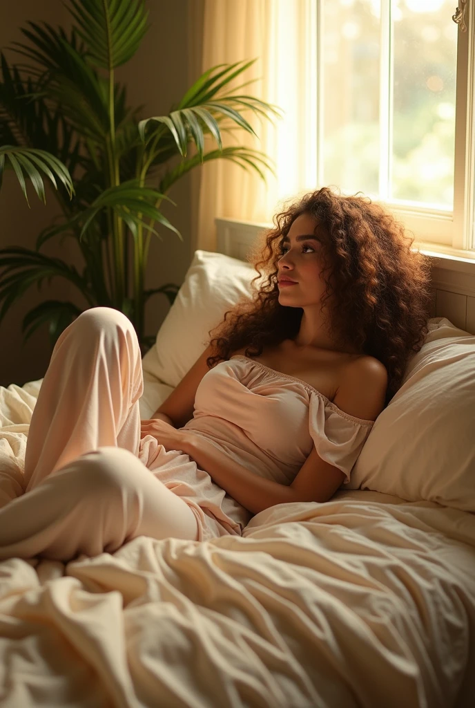 (photorealism:1.2), beautiful woman, sitting on bed, wearing loose off-shoulder top, pajama pants, long curly hair, indoors, soft lighting, plants in background, window with sunlight, cozy room, relaxed pose, realistic, intricate details, warm colors, by Greg Rutkowski, by Alphonse Mucha