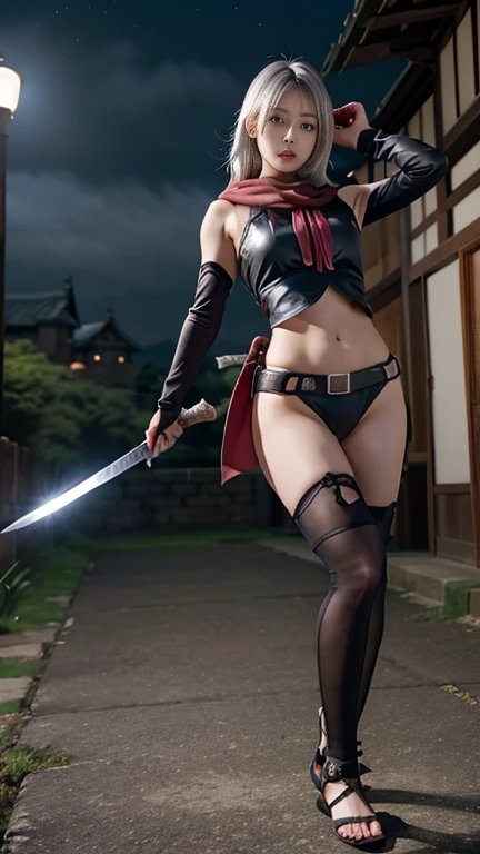 Highest quality,Ultra HD,Best AI Images, Full body photo,Rendering beautiful brush strokes, Very detailed vfx portrait of, (Silver Hair 1.4),Female Ninja,(Shiny skin 1.5), Japanese female ninja, cgsociety and Zhong Feng Hua, Covert behavior, Female Ninja, ((Battle scenes with swords)),sword fighting scene 1.3,High-resolution photos of Japanese women, Trending on deviantart, ((A short red ninja costume.5,Sexy Ninja,Big Breasts)), Japanese spy, 3D Rendering, Beautiful Face 1.5, Key Visual, Vibrant, (((Sengoku period night castle background 1.5))), Very detailed, growing up,