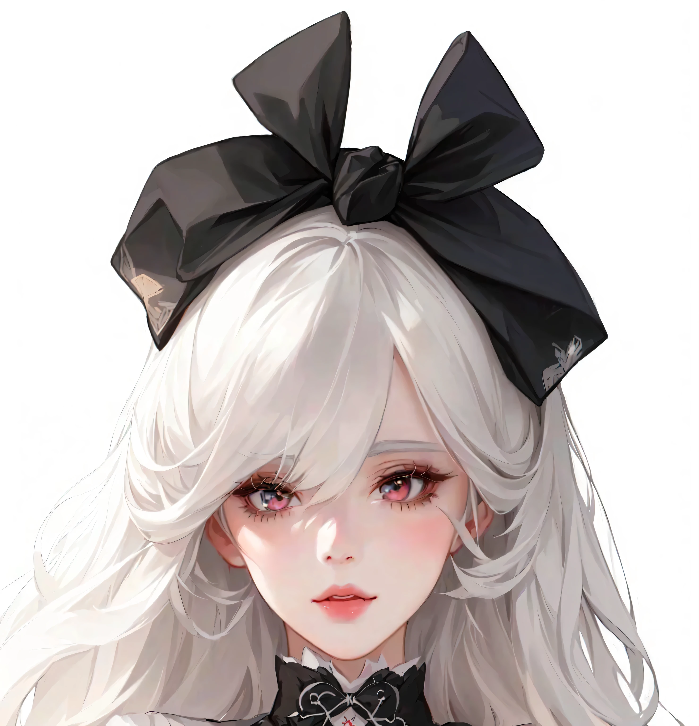 Has long white hair，Wearing a black bow，Anime girl in black dress, Gu Weiss, artwork in the style of Gu Weiss, Gu Weiss masterpiece, Gu Weiss on pixiv artstation, Kawaii realistic portrait, White hair girl, Detailed portrait of anime girl, Gu Weiss on artstation pixiv, Stunning anime face portraits, 