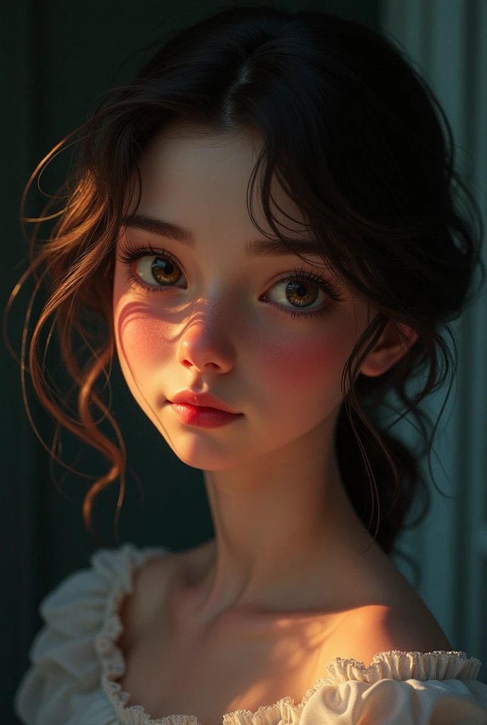 Create a close-up portrait of Princess Alice in The Tale of Snow White to capture a moment of deep contemplation. Her expression should be a mixture of curiosity and a hint of unease, as if she is deeply questioning reality and her place in it. Her beautiful eyes should be perfect, reflecting the surreal world around her.The lighting should be soft yet dramatic, casting gentle shadows that emphasise the depth of her thoughts. Her hair is slightly dishevelled, as if she has been on a long journey, adding to the sense that she is pensive. The colour palette is a mix of soft pastels and dark, introspective tones, creating a balance between innocence and the complexity of her thoughtsExcellent HD 8K Snow White art cartoon princess, scenery inside a castle