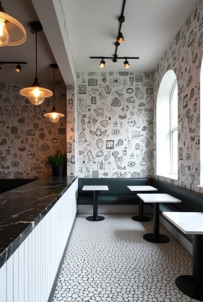 Full picture of a super simple 300 square feet rectangular restaurant with black and white theme and the walls have wallpaper with black and white cartoon doodles drawn on them similar to the doodles of the youtuber “Mr. Doodle”
