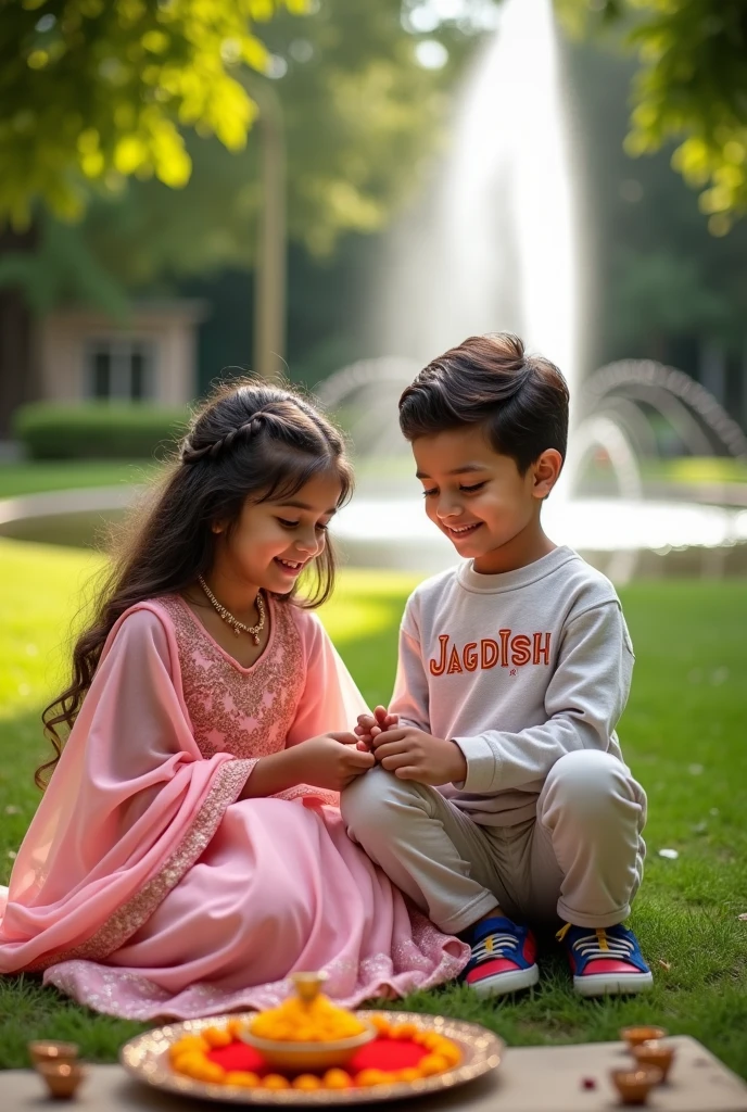 a real India 18 year siblings sitting outdoors in a garden-like and beautiful dancing fountain in background setting. The girl is tying a protective thread on the boy’s kalai, which will be for Rakshabandhan. The boy is wearing a sleeves t-shirt pants and shoes and the text ”JAGDISH” written on it while the girl is wearing a pink traditional outfit with floral embroidery Both are Looking so cute, stylish hair, smiles, green blur 8k ultra quality images, rakshabandhan thali