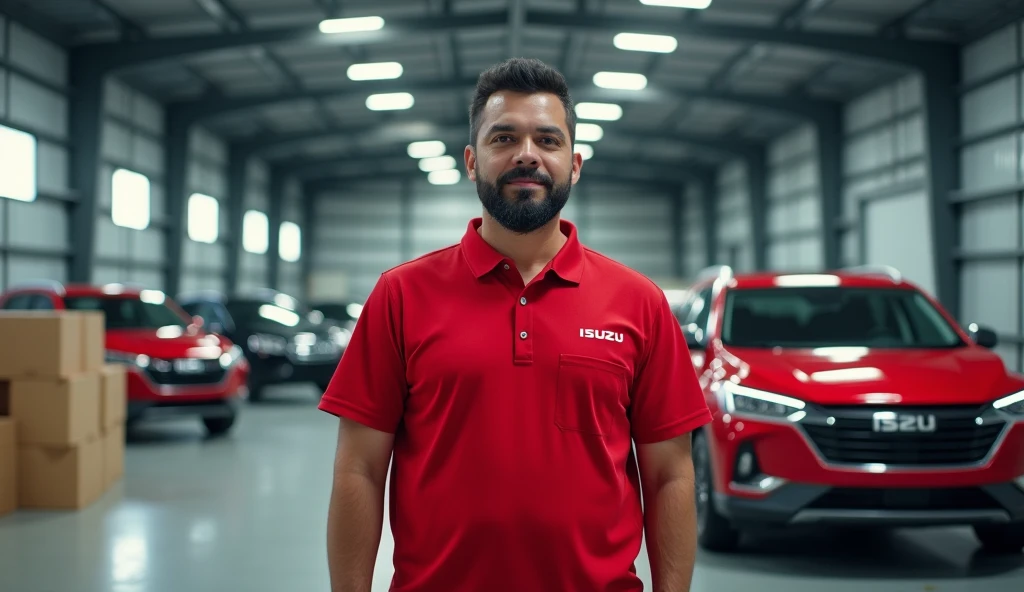 Picture of a delivery man wearing a red shirt with the Isuzu LOGO on the right outside the shirt. He is a man. The background is a warehouse with 3 Isuzu cars parked behind.