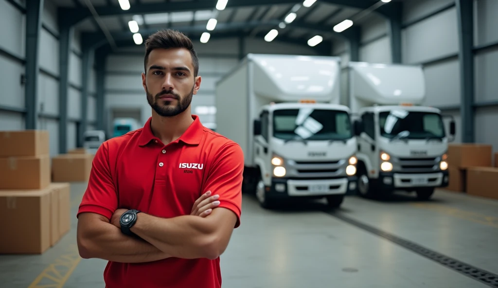 Picture of a delivery man wearing a red shirt with the Isuzu LOGO on the right outside the shirt. He is a man. The background is a warehouse with 3 Isuzu cars parked behind.