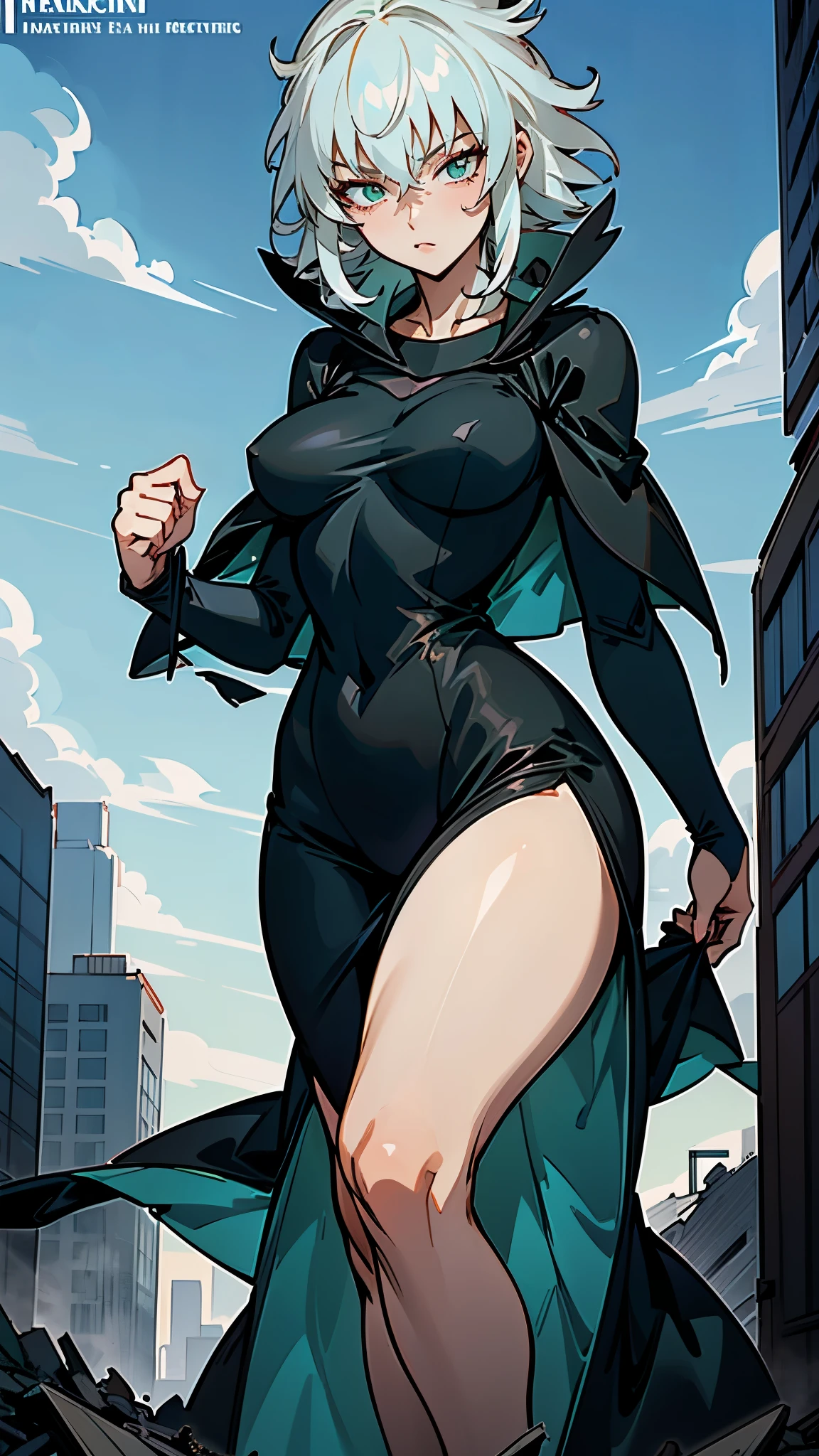 "Giantess ((Fubuki from One Punch Man)) elegant and powerful (masterpiece best quality) confident expression (real picture intricate details) (1 lady solo slender yet voluptuous body) short black hair intense green eyes (flowing cape and tight dress highlighting her curves) standing amidst a ruined city, tiny heroes at her feet crushed and defeated (dominance and beauty) (one hand casually lifting a tiny hero, ready to crush him) Background: City Z in ruins, sun setting with dark clouds overhead."