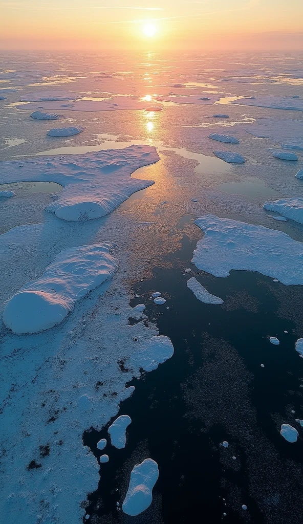 A high-angle view of the Arctic Ocean during the midnight sun, taken from an elevated position looking down at the ice-covered sea. The ice floes and open water below are bathed in the soft, continuous light of the white night, creating a beautiful contrast between the shimmering ice and the dark patches of water. The high-angle perspective captures the vastness and isolation of the Arctic, highlighting the stunning patterns of the ice and the ethereal glow of the scene as the sun hovers near the horizon.
