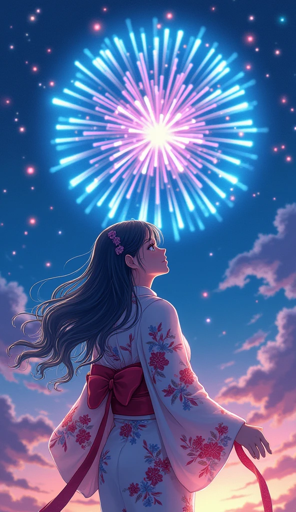 ((masterpiece, top quality, super definition, high definition)), solo, beautiful girl, shining eyes, perfect eyes, , blue theme, yukata, fireworks