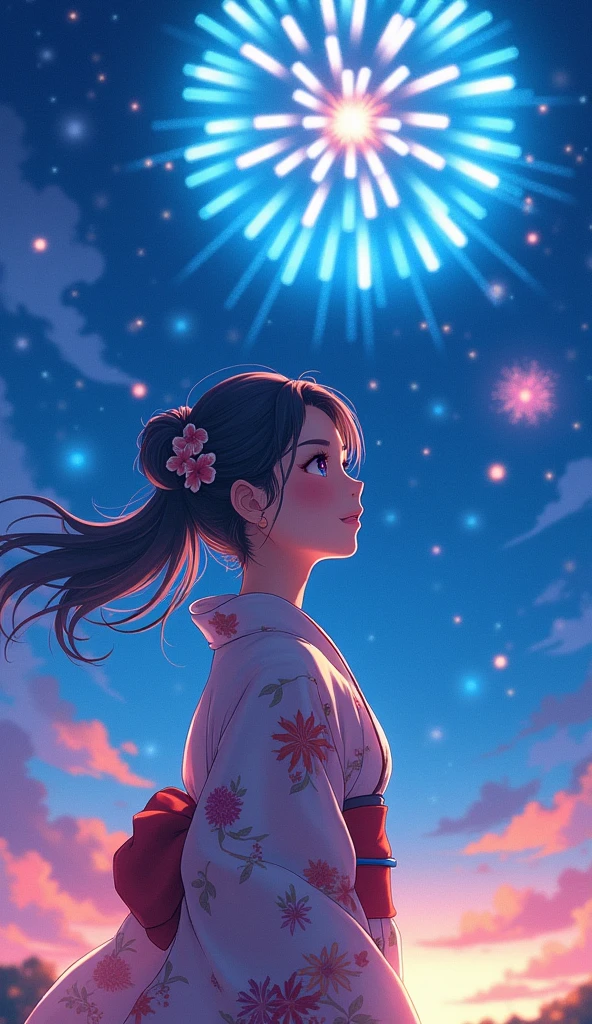 ((masterpiece, top quality, super definition, high definition)), solo, beautiful girl, shining eyes, perfect eyes, , blue theme, yukata, fireworks