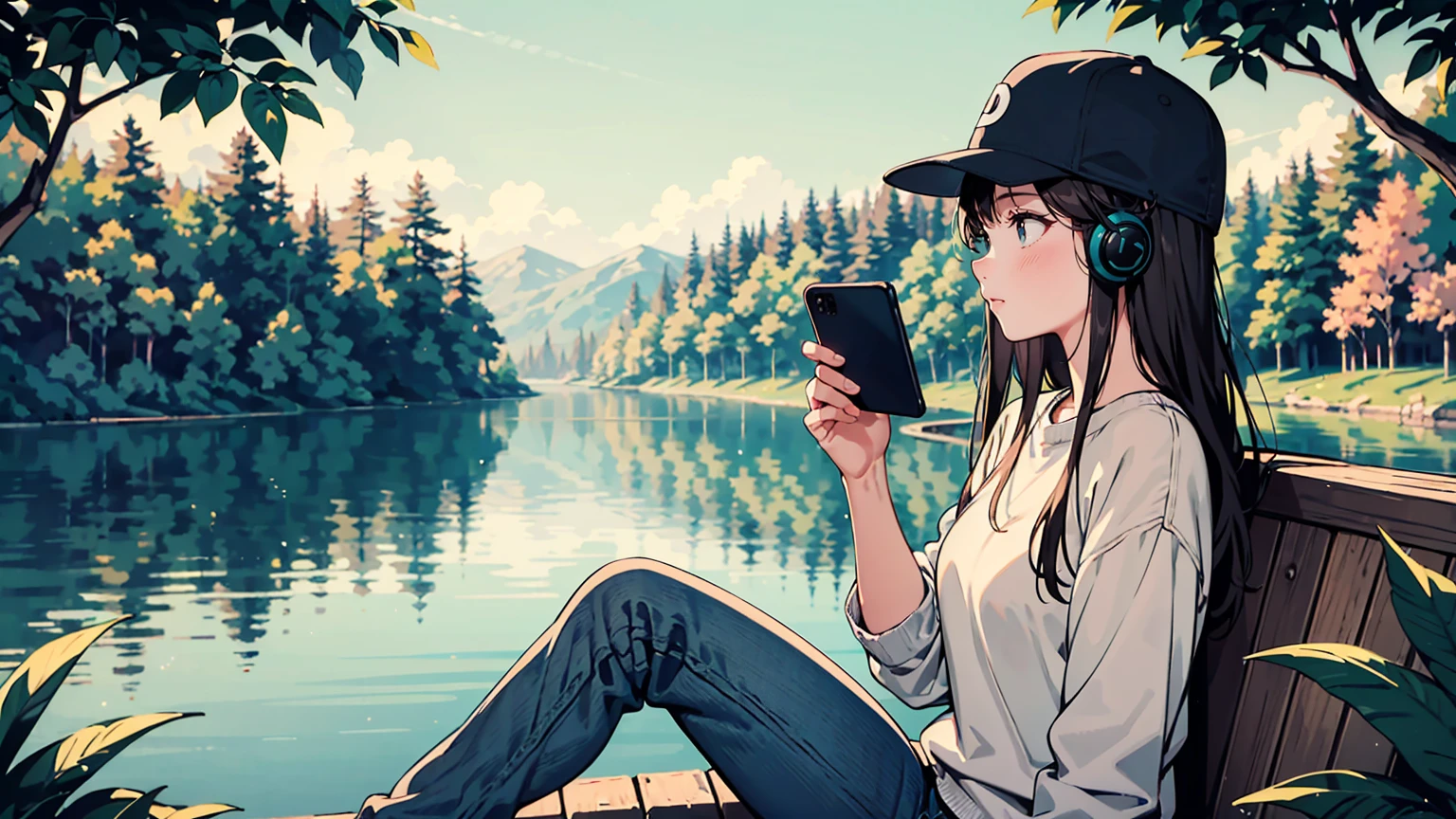 Young woman in scenic nature, listening to chill playlist. Overlooking serene lake surrounded by lush green forests. She wears a white sweatshirt with 'SLEEP' logo, blue baseball cap, and black jeans. Large headphones on, adjusting with one hand. Other hand holds smartphone. Long brown hair visible under cap. Casual, relaxed pose. Foreground shows some leafy plants. Background: tranquil water and tree-covered hills. Soft, natural lighting