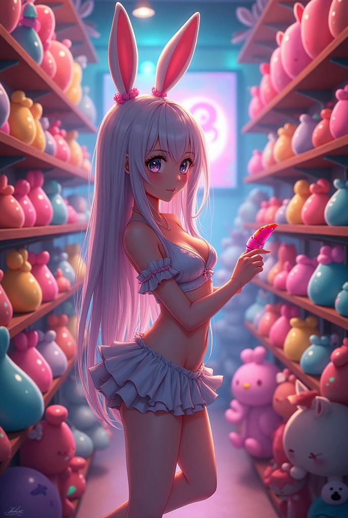 Sexy anime bunny girl in a sex shop looking at vibrators for purchase