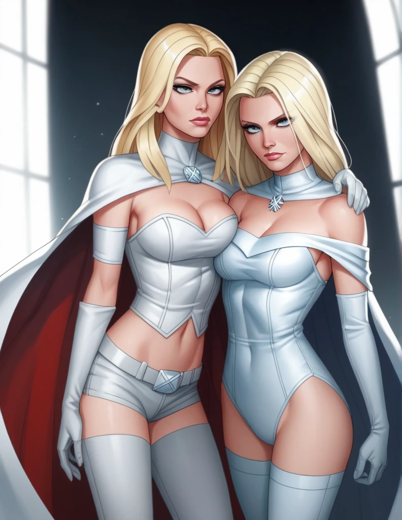 score_9, score_8_up, score_7_up, score_6_up, score_5_up, score_4_up, source_anime,((EF_WntXM_SDXL)), gorgeous emma frost female, beautiful eyes, seductive ,intense gaze,seductive expression,soft lighting,hentai, safe,medium breasts, Emma Frost, midriff, cape, bare shoulders, cleavage, thigh highs, gloves,pants,all white ,(X-MAN)