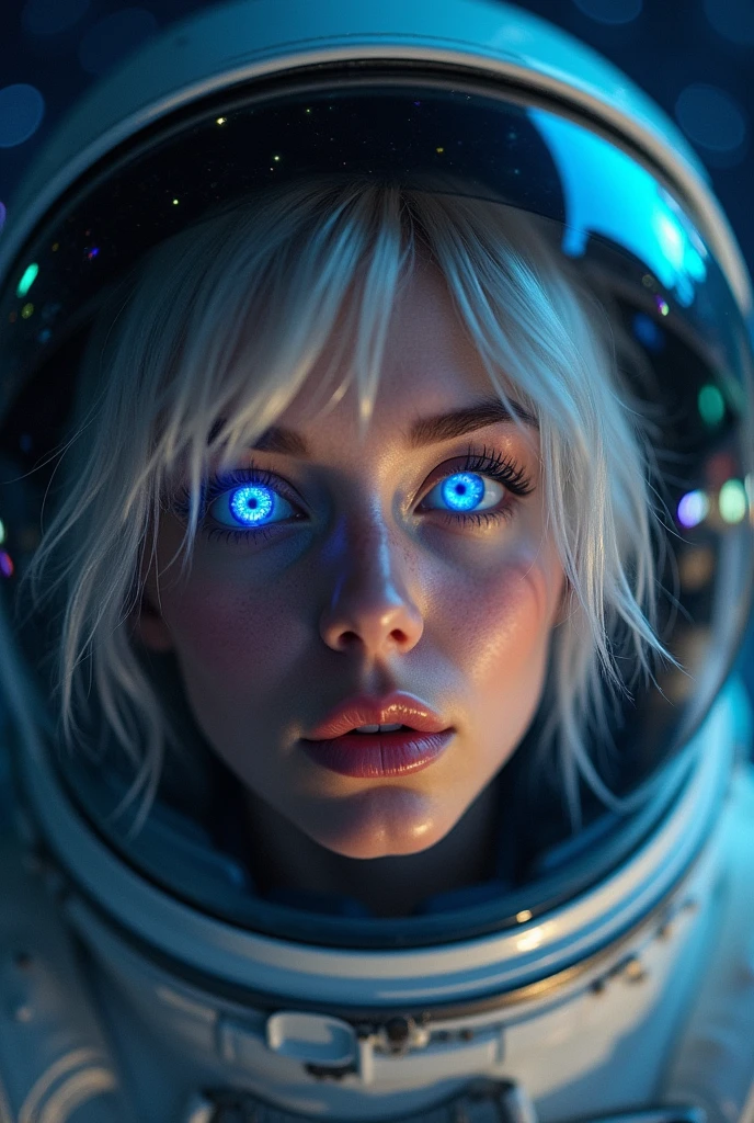 (Close-up of a better masterpiece:1.5)0.9], (Space and astronauts:1.2) (Messy silver hair:1.1) (Heterochromia xanthochromia and blue eyes:1.2) (Space Helmet:1.0) (Colored stars in the eyes:1.0) (A radiant glow:1.1) (thick lips:0.9)