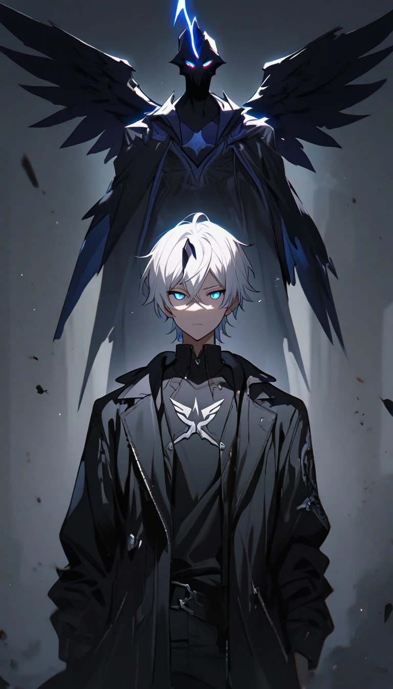 one horn, one dark wing, emotionless, cool, 1 male teenager, white hair, blue eyes, staring coldly, black coat, glowing eyes