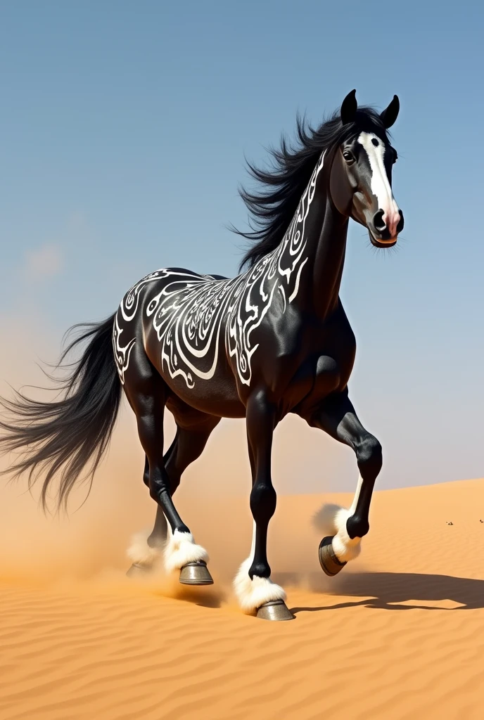 Black and white marwari horse with fire desugn