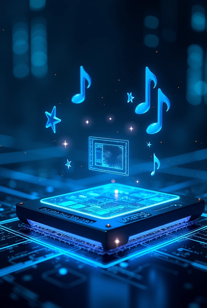 dark background with neons, lights, screens, icons, multimedia, represending various media stored on ssd disks, blue tones