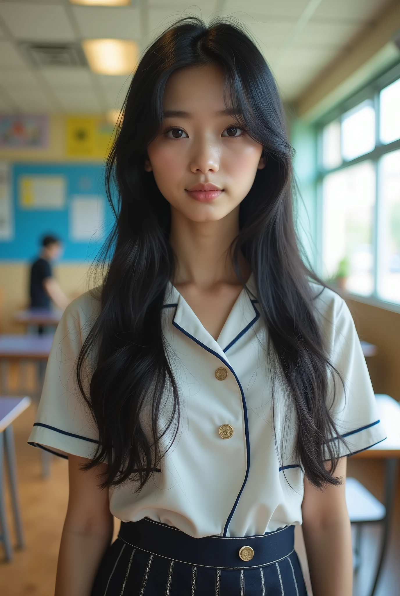 (masterpiece,Highest quality:1.4),(8k,RAW Photos,Photorealistic:1.4),Ultra-high resolution, ,(Glowing Skin:1.4),Detailed skin,Detailed face,Detailed eyes,(Beautiful and shining eyes:1.2),Symmetrical eyes,Detailed ears,One person,Natural Makeup,high school girls,(((Japanese Idols))),(Japanese Face),Detailed Background,Vivid background,Beautiful and shiny hair,,((Average age breasts)),,(Detailed Summer school uniforms for senior high school girls Japan),,((Sharp Face)),Natural light,,(Very detailed ,Trend design for 2024,online shopping,LUMINE® Market,),Trendy hairstyles,black_hair,long_hair,Upper Body,,(Detailed classroom of a girls' high school,,Location was great.),,Real-life schoolgirl、、Random Posing