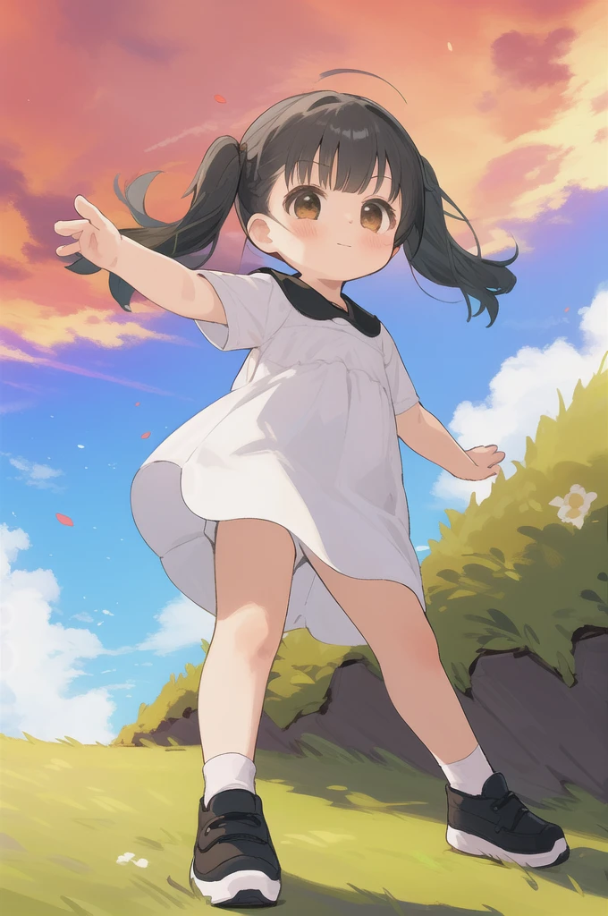 (highest quality,masterpiece:1.3),((1 cute girl:1.2)),(child,8-year-old:1.4), low twin tails, hair, alone, outdoor, cloud, black hair, dress, 白いshoes,red sky, shoes, short sleeve, sneakers, looking at the viewer, brown eyes, white dress, full body, (dynamic pose:1.3), Day, cloudy sky, Floral, 前hair, blue sky, Grass, blush, wood, closed mouth, city,from below, running