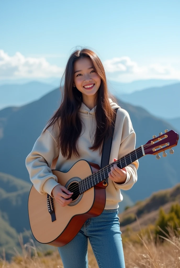 Best quality,24 year old beautiful korean woman, pretty face,senyum artis.rambut panjang, wearing a hoodie, celana jins panjang.and play folk guitar. standing on the top of the mountain.
INFORMATION