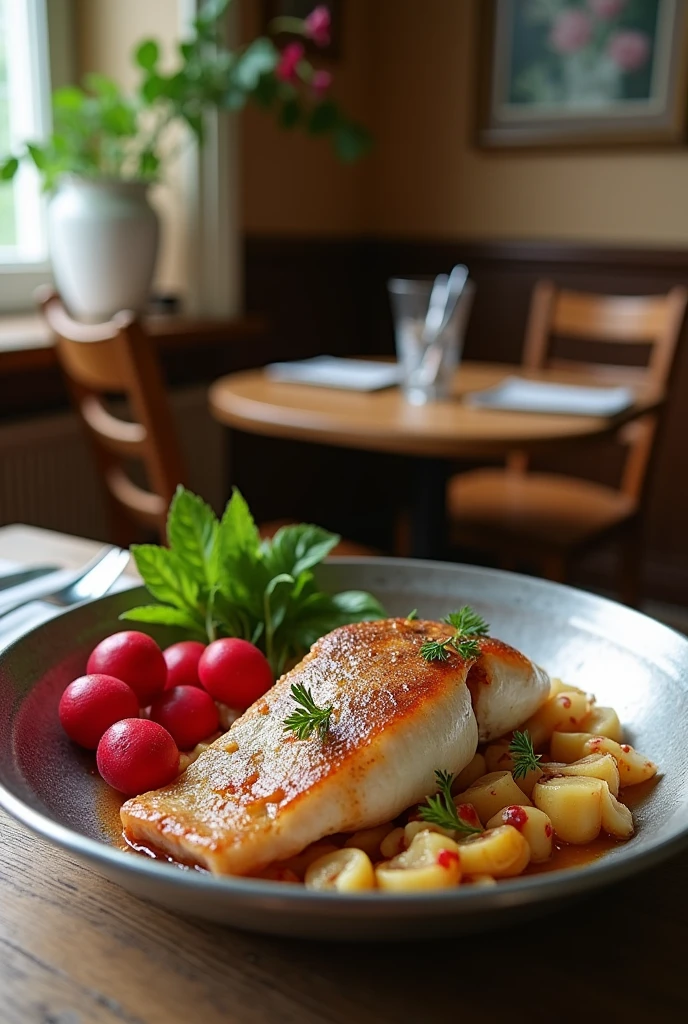 German-style national lunch, simple, silver plate, 1930s, there is radish and sea bream