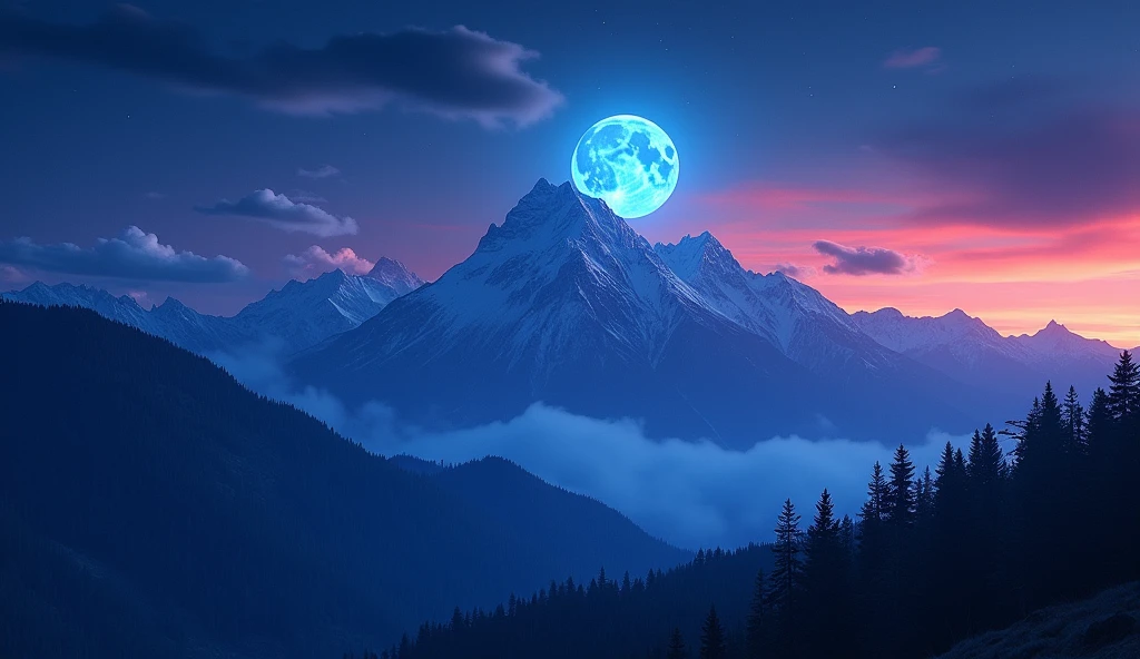 A super blue colour moon in behind the mountain sky on earth and beautiful colours full