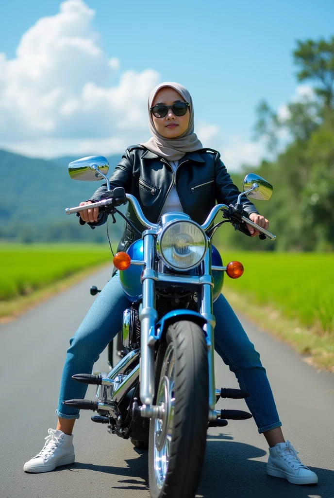 Photography of a beautiful woman wearing a hijab, a cool jacket and shoes, aged 20 years old, typical of Indonesia, riding a shiny blue Harley Davidson motorbike on a paved road, cool background 