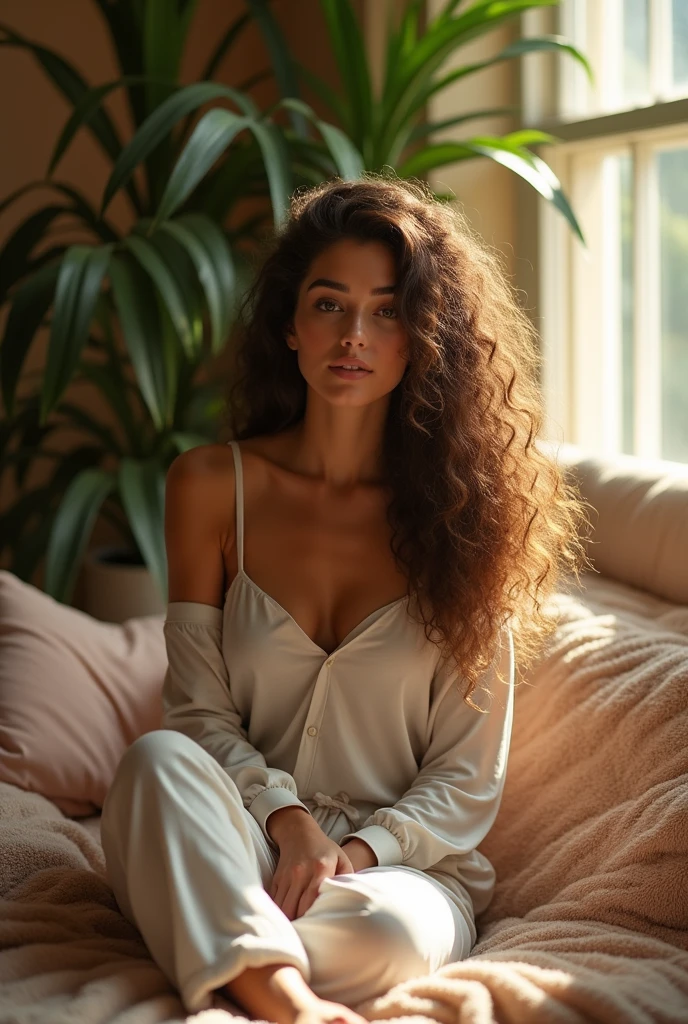 (photorealism:1.2), beautiful woman, sitting on bed, wearing loose off-shoulder top, pajama pants, long curly hair, indoors, soft lighting, plants in background, window with sunlight, cozy room, relaxed pose, realistic, intricate details, warm colors, by Greg Rutkowski, by Alphonse Mucha