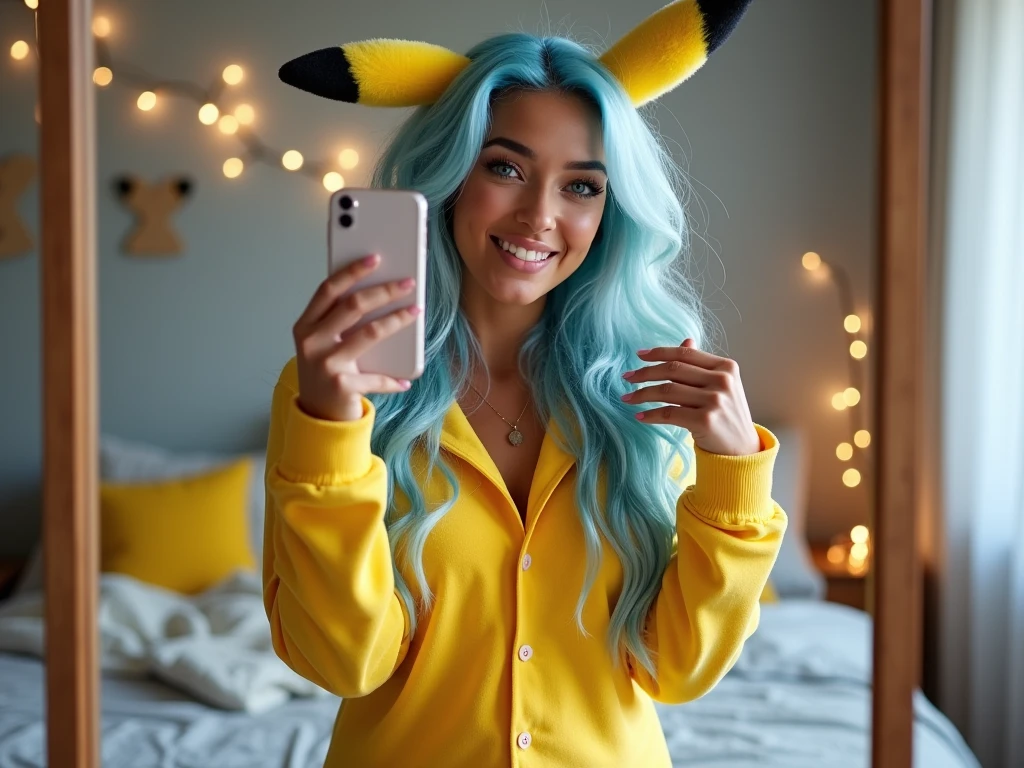 Smiling beautiful biracial latina woman, long messy light blue hair, light blue eyes,low necked, big large breasts,hold her phone in front of her with her hands, take photo of herself in front the mirror, wear pikachu pyjama suit, in a bedroom, 