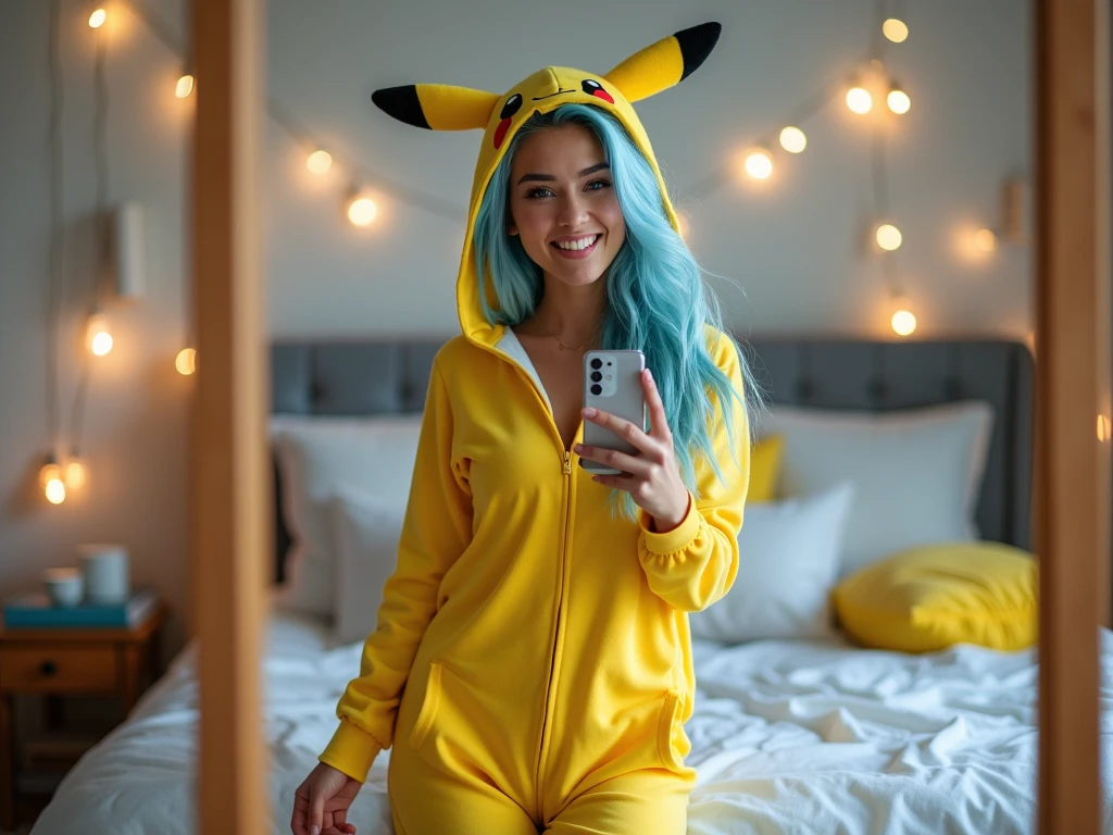 Smiling beautiful biracial latina woman, long messy light blue hair, light blue eyes,low necked, big large breasts,hold her phone in front of her with her hands, take photo of herself in front the mirror, wear pikachu pyjama suit, in a bedroom, 