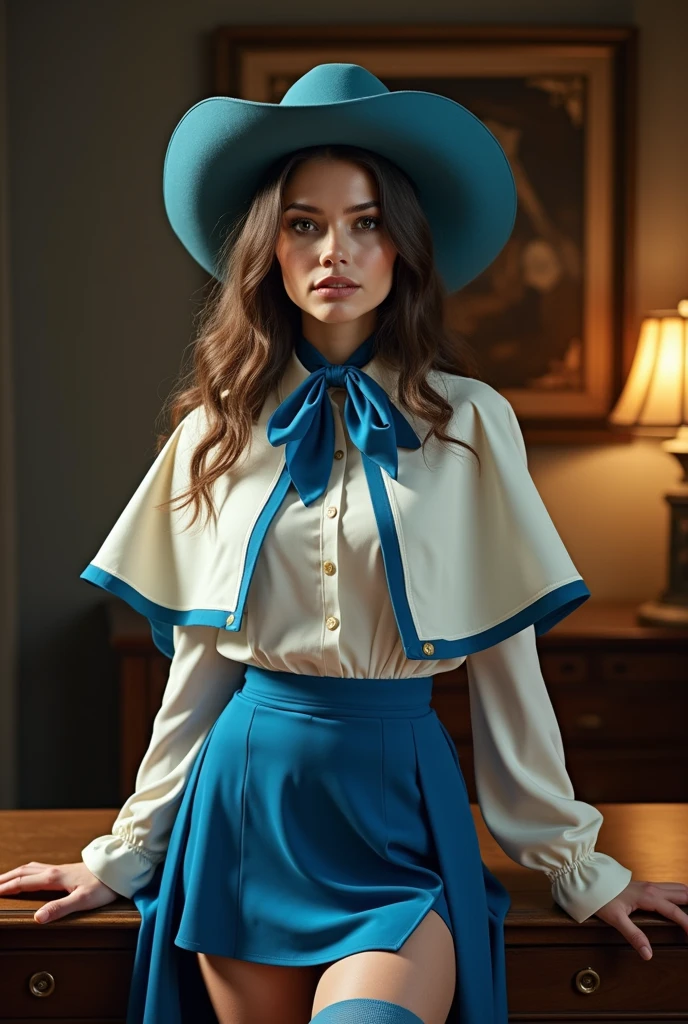 (masterpiece, best quality:1.2), cowboy shot, solo, 1girl, charlotte aulin, expressionless, closed mouth, looking at viewer, ascot, capelet, skirt, blue thighhighs, highly detailed, photorealistic, cinematic lighting, intricate details, vibrant colors, elegant, studio lighting, hyper detailed facial features, porcelain skin, flawless, chiaroscuro, atmospheric, dramatic